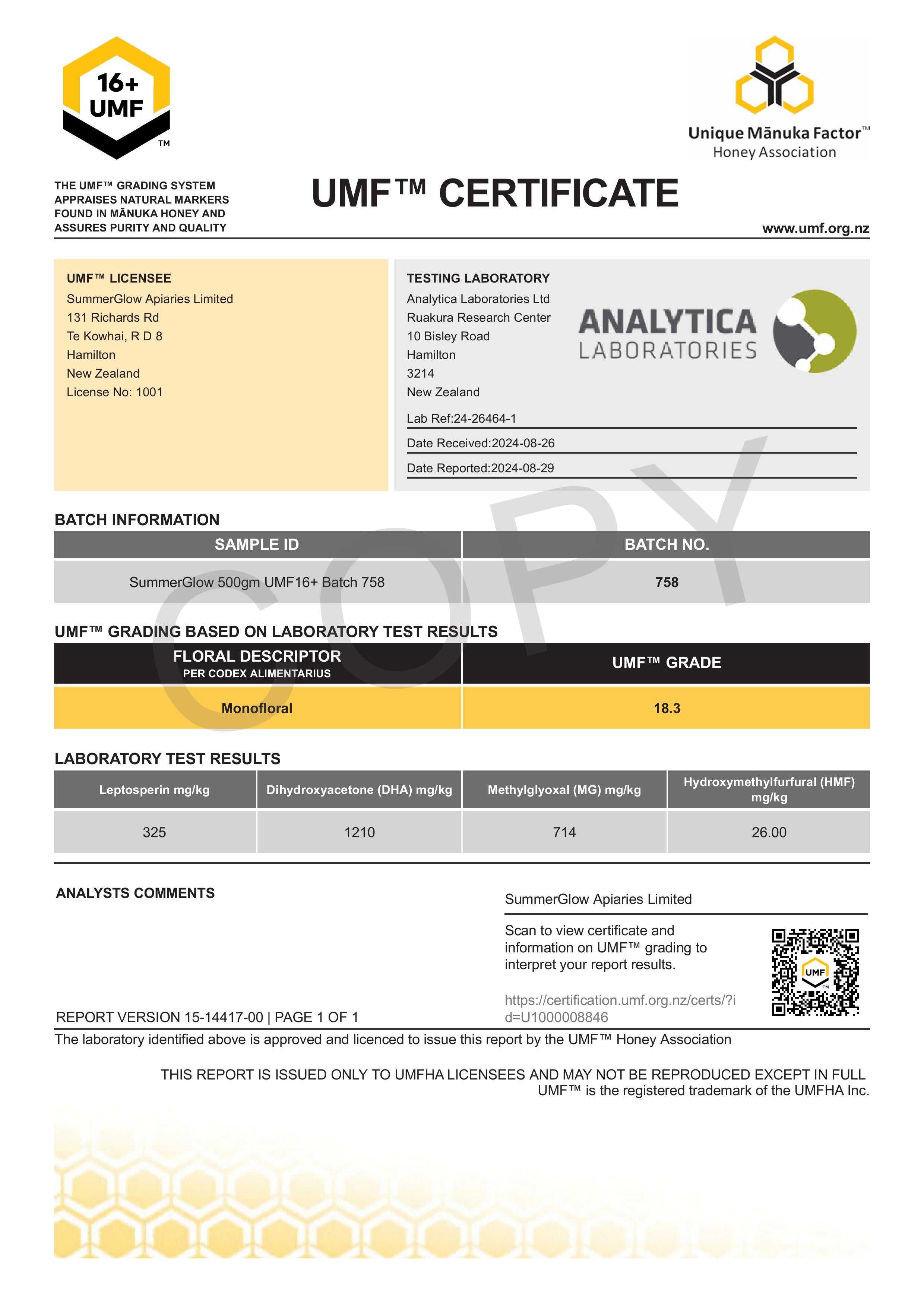 UMF™ 16+ Mānuka Honey 500g (MGO 570mg/kg)